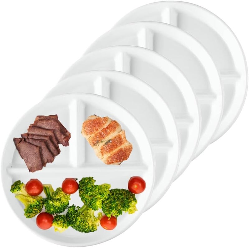 RUIBOLU Unbreakable Divided Plates 5PCS for Kids Adults Compartment Plates Lightweight Reusable Dinnerware Portion Control5PackWhite 9IN - Image 3