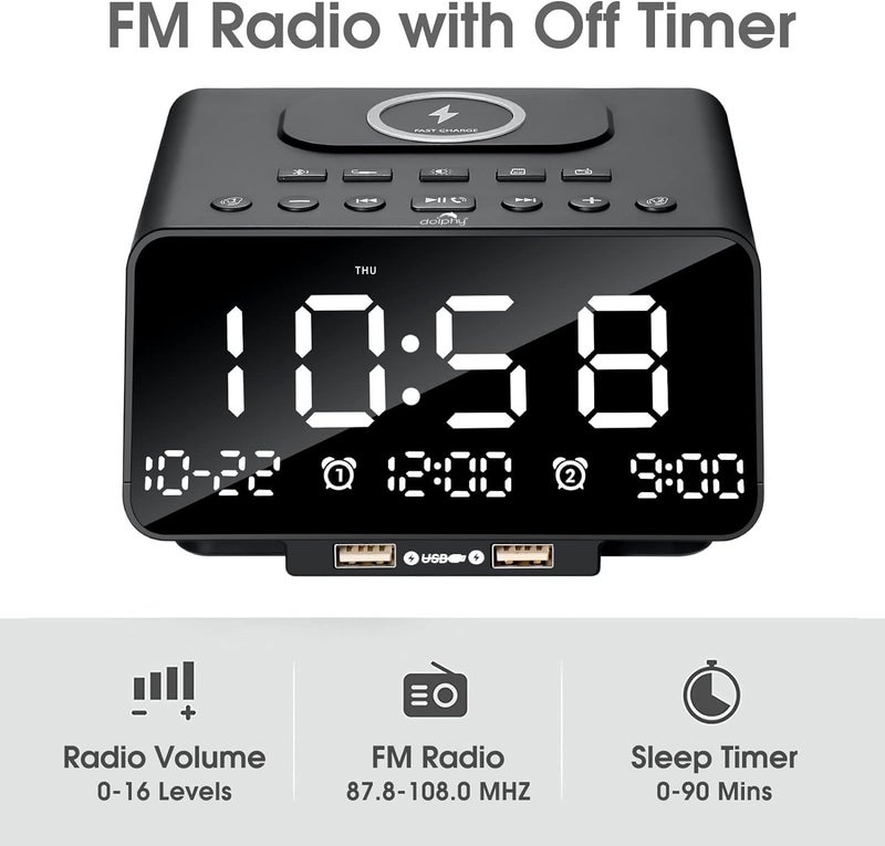 Dolphy Dock Station Dual Alarm Clock FM Radio LED Display Wireless Bluetooth Player Support HandsFree Call TFCard USB PortNapSleep TimerDayDate Display with Dimming - Image 2