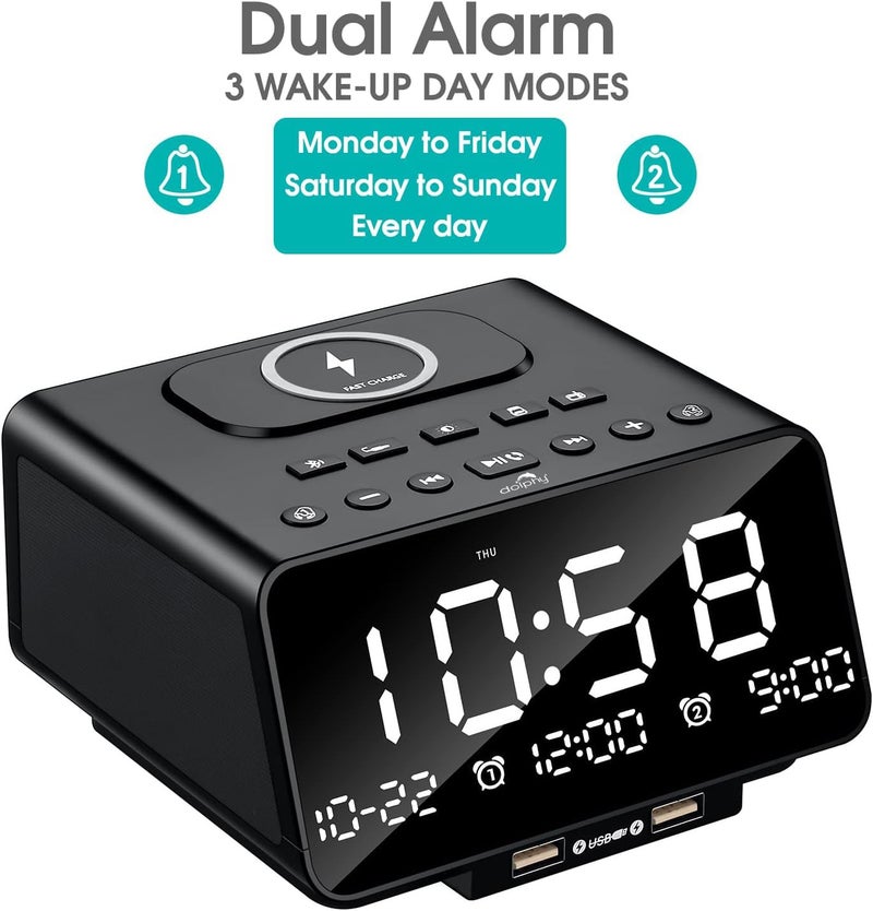 Dolphy Dock Station Dual Alarm Clock FM Radio LED Display Wireless Bluetooth Player Support HandsFree Call TFCard USB PortNapSleep TimerDayDate Display with Dimming - Image 3