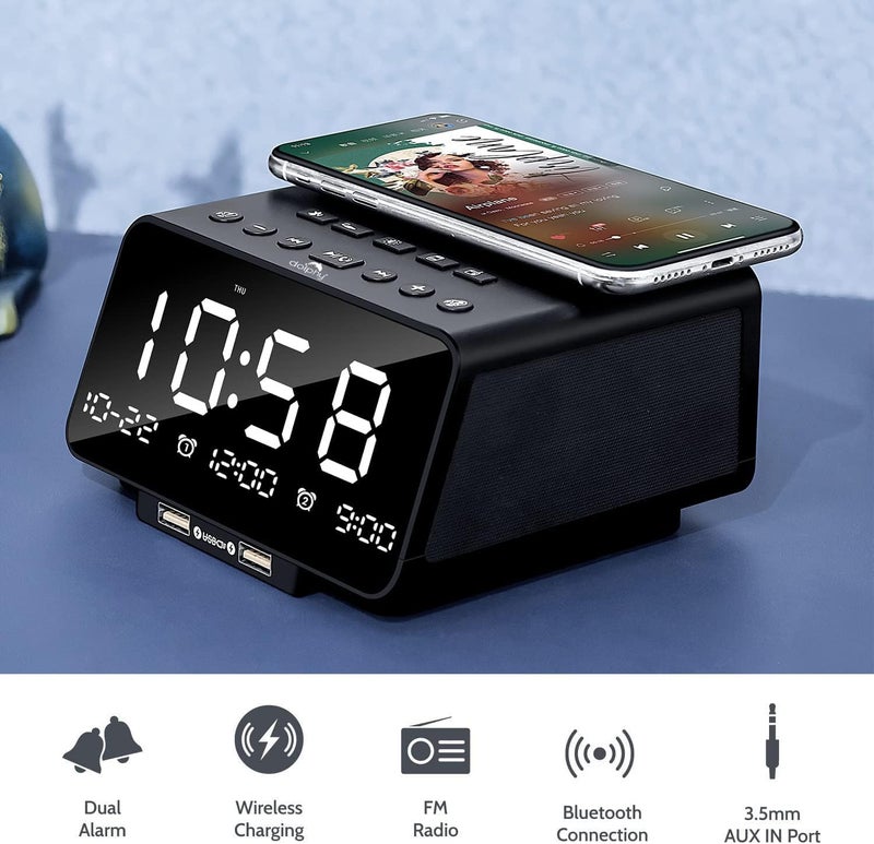 Dolphy Dock Station Dual Alarm Clock FM Radio LED Display Wireless Bluetooth Player Support HandsFree Call TFCard USB PortNapSleep TimerDayDate Display with Dimming - Image 4