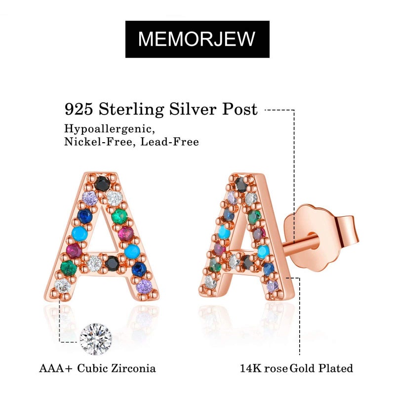 Memorjew Easter Gifts for Kids Teen Girls - Initial Stud Earrings for Girls Birthday Gifts for Year old Girl Teen Kid, Hypoallergenic 925 Sterling Silver Post Rainbow Cubic Zirconia A Earring - Image 4