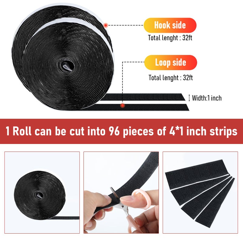 PTUNA 32Ft *1 Inch Hook and Loop Tape with Adhesive Back, Heavy Duty Double Sided Adhesive Strips, Strong Sticky Strips Roll for Home/Office/School/Car, Black - Image 2