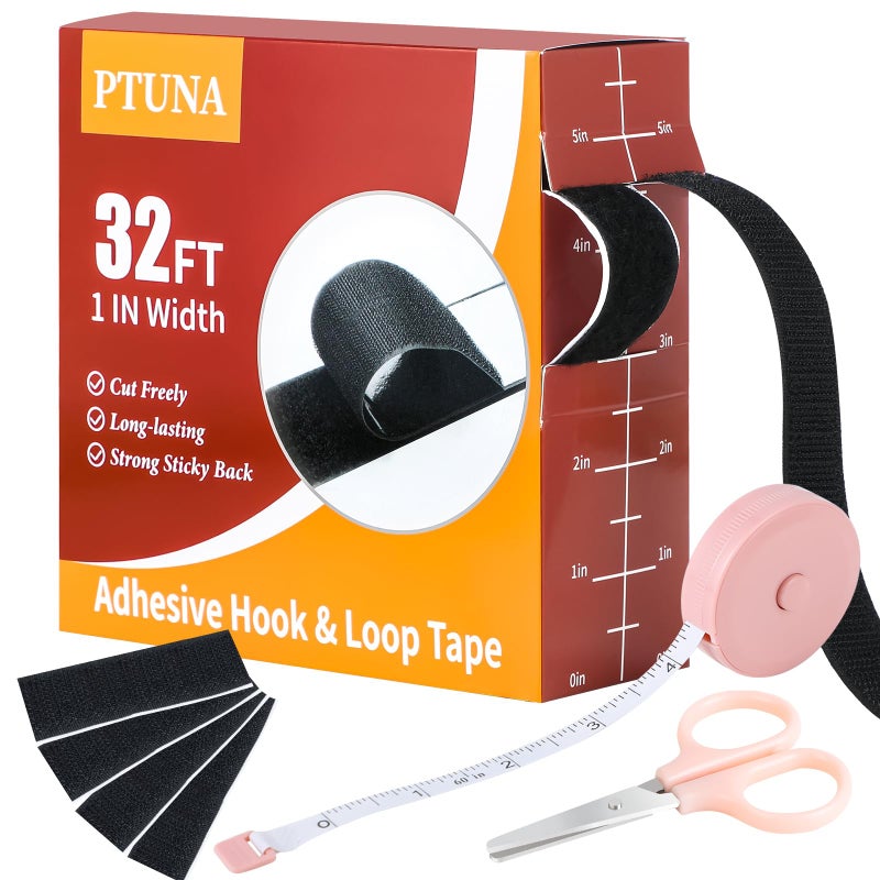 PTUNA 32Ft *1 Inch Hook and Loop Tape with Adhesive Back, Heavy Duty Double Sided Adhesive Strips, Strong Sticky Strips Roll for Home/Office/School/Car, Black - Image 1