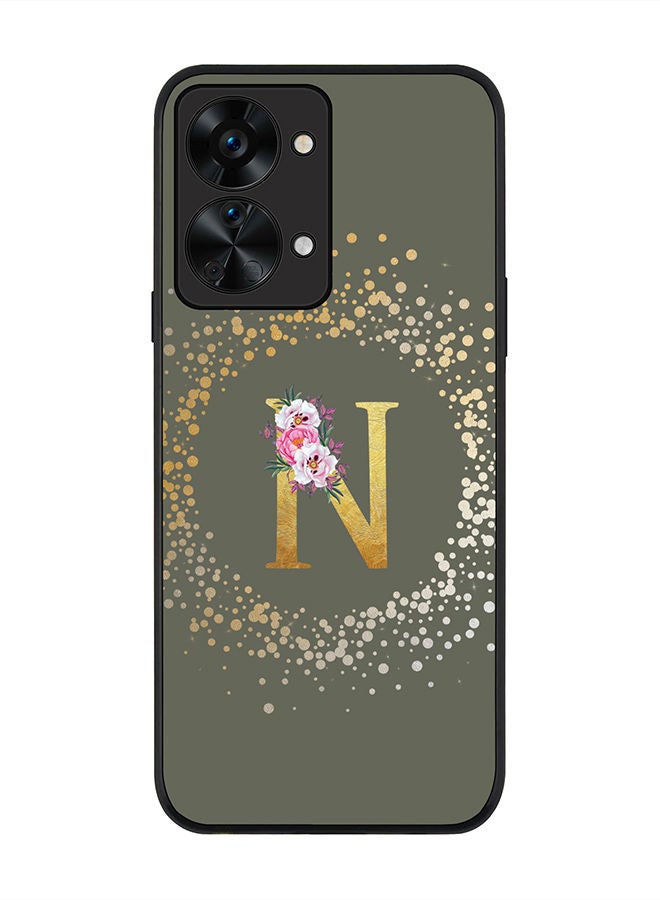 Stylizedd Rugged Black edge case for OnePlus Nord 2T Slim fit Soft Case Flexible Rubber Edges TPU Gel Thin Cover - Custom Monogram Initial Letter Floral Pattern Alphabet - N (Olive Green) - Image 1