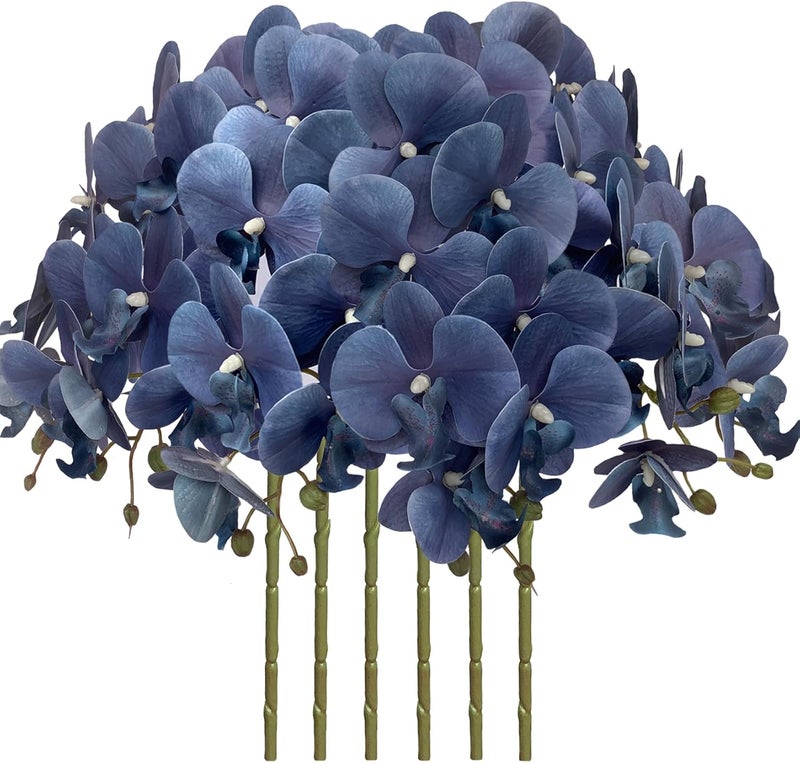 FagusHome 32 Inch Artificial Phalaenopsis Flowers 6 Pcs Artificial Orchid Flowers Stem Plants for Home Décor (Dark Blue) - Image 1