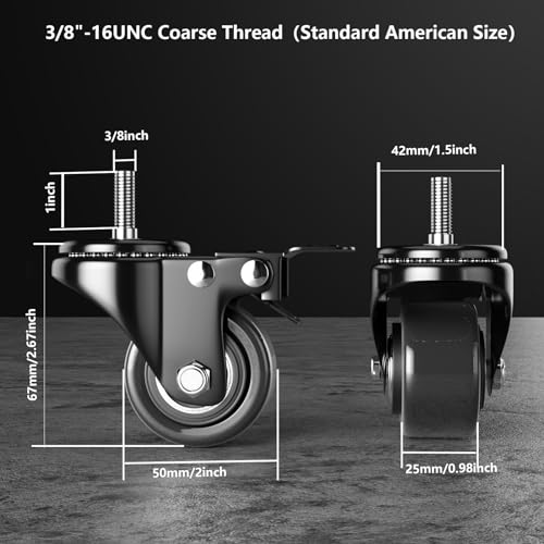YUPEZOP Black Stem Caster Wheels Heavy Duty with Brake Casters 3/8''-16x1'' - Image 3