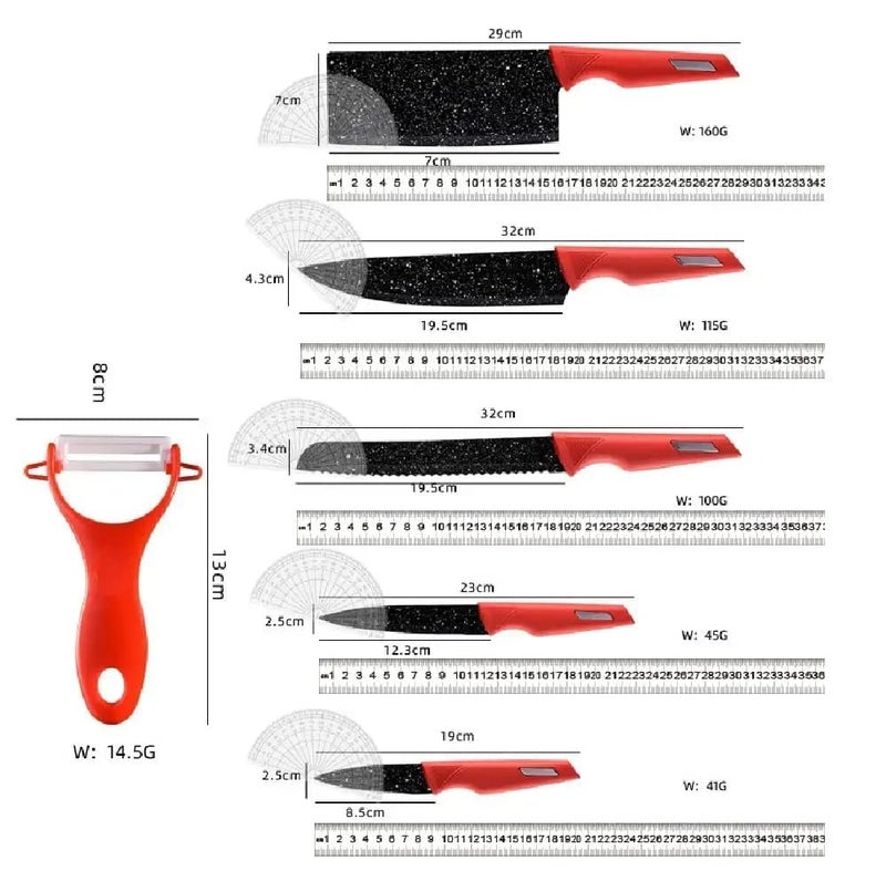 pepplo Chef Knife Set With Peeler Stainless Steel NonStick Kitchen Knife Professional Chopper High Carbon German Steel Blade With Comfortable Ergonomic Handle Anti Rust Wear Resistant Black 6 Piece - Image 2