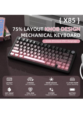 حشية ثلاثية الأوضاع X85 لوحة مفاتيح ميكانيكية بنسبة 75% مع مقبض CNC، وبطانة من 5 طبقات، وقابلة للتبديل السريع، وإضاءة خلفية RGB - view 2