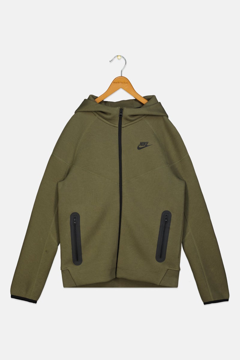 Nike Kids Boy Brand Logo Long Sleeve Full Zip Hoodie, Olive - Image 2