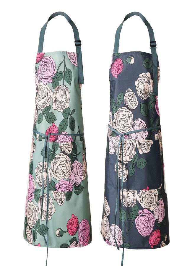 DILLMAN 2 Pack Floral Aprons with Pocket Blooming Womens Waterproof Adjustable Cooking Aprons Kitchen Gardening Salon (Blue and Green) - Image 1