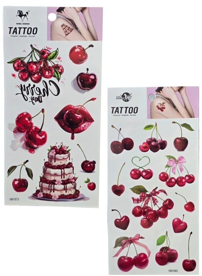 عبوة من قطعتين من تاتو مؤقت مقاوم للماء بتصميم كرز واقعي للنساء، عبارات إنجليزية أنيقة وزهور مع فيونكة وعناصر المشمش، ملصقات تاتو لاصقة سهلة الاستخدام، مثالية لمكياج مرح، الحفلات، المناسبات، والهدايا الموسمية - Image 1