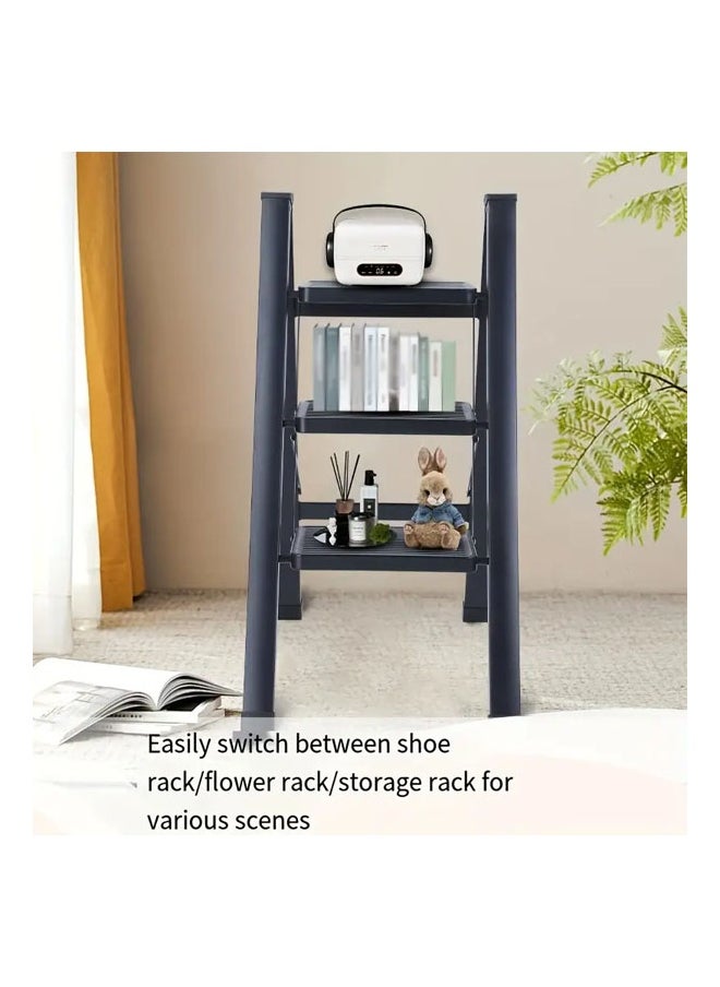 A strong and durable metal ladder with 3 steps made of aluminum alloys, featuring a foldable design with non-slip treads that can support a weight of 150 kg. It's easy to store and move with a space-saving design that requires no assembly, suitable for all household, commercial, kitchen, and office tasks. It's ideal for storing and cleaning plants; additionally, it can be used as a display unit or plant holder