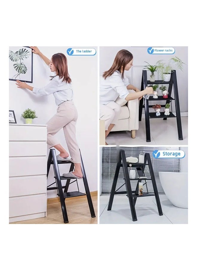 Sharpdo A strong and durable metal ladder with 3 steps made of aluminum alloys, featuring a foldable design with non-slip treads that can support a weight of 150 kg. It's easy to store and move with a space-saving design that requires no assembly, suitable for all household, commercial, kitchen, and office tasks. It's ideal for storing and cleaning plants; additionally, it can be used as a display unit or plant holder  - Image 3