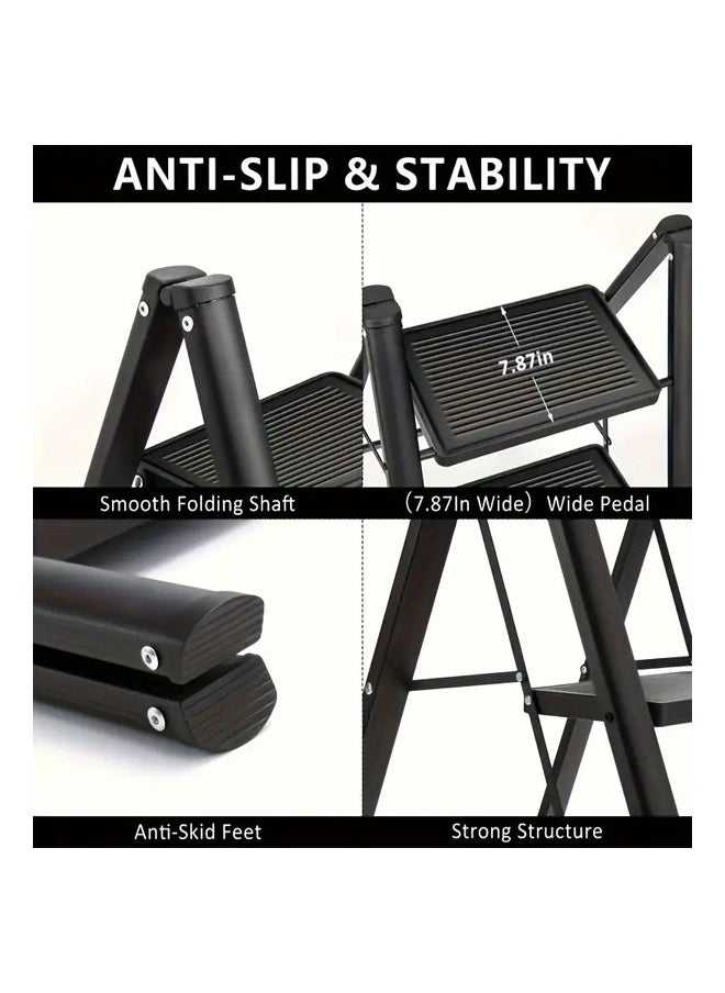 A strong and durable metal ladder with 3 steps made of aluminum alloys, featuring a foldable design with non-slip treads that can support a weight of 150 kg. It's easy to store and move with a space-saving design that requires no assembly, suitable for all household, commercial, kitchen, and office tasks. It's ideal for storing and cleaning plants; additionally, it can be used as a display unit or plant holder