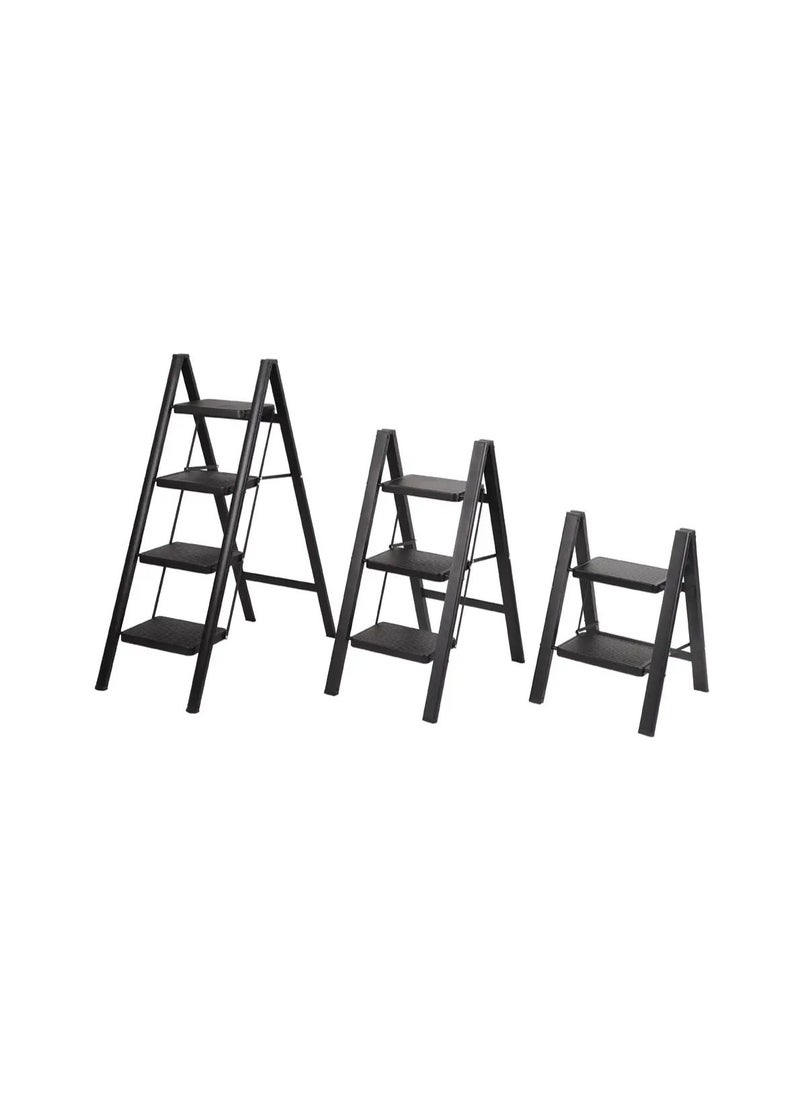 A strong and durable metal ladder with 3 steps made of aluminum alloys, featuring a foldable design with non-slip treads that can support a weight of 150 kg. It's easy to store and move with a space-saving design that requires no assembly, suitable for all household, commercial, kitchen, and office tasks. It's ideal for storing and cleaning plants; additionally, it can be used as a display unit or plant holder