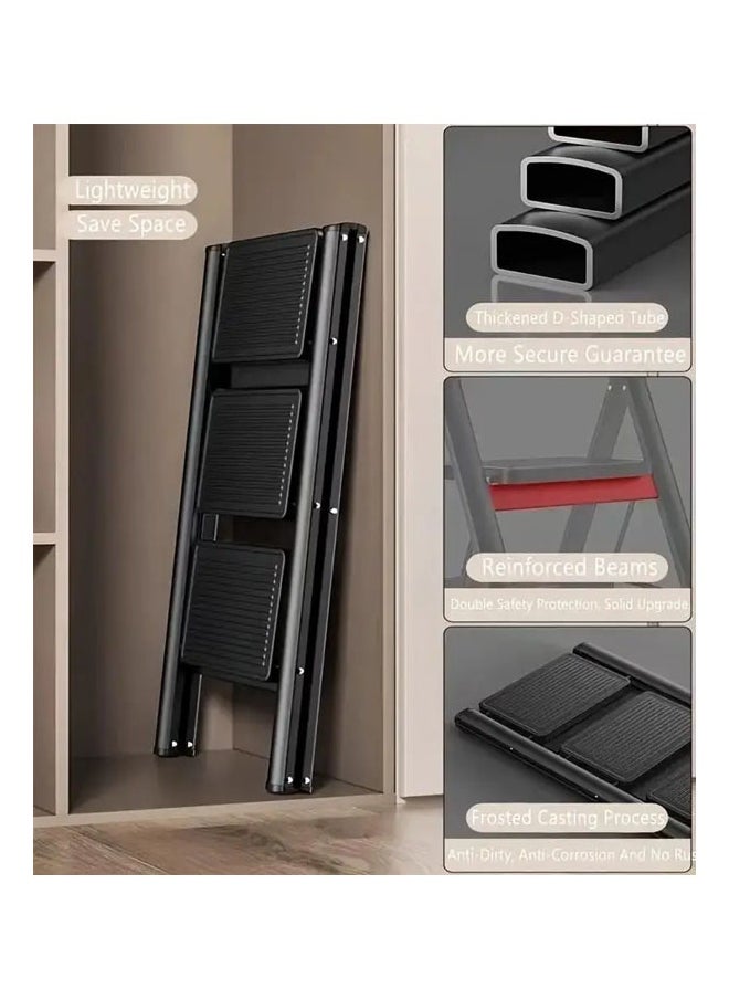 A strong and durable metal ladder with 3 steps made of aluminum alloys, featuring a foldable design with non-slip treads that can support a weight of 150 kg. It's easy to store and move with a space-saving design that requires no assembly, suitable for all household, commercial, kitchen, and office tasks. It's ideal for storing and cleaning plants; additionally, it can be used as a display unit or plant holder