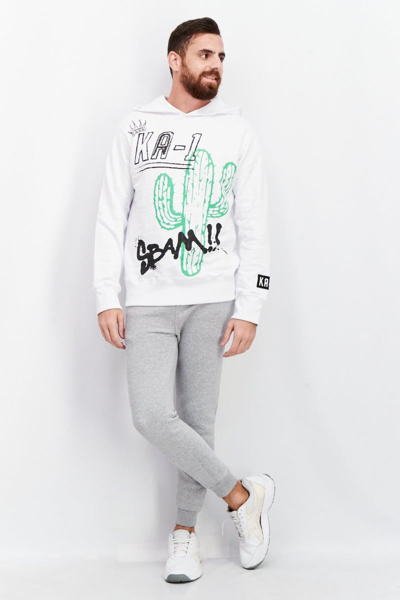 KA-1 Men Hooded Graphic Print Long Sleeves Sweater, White - Image 2