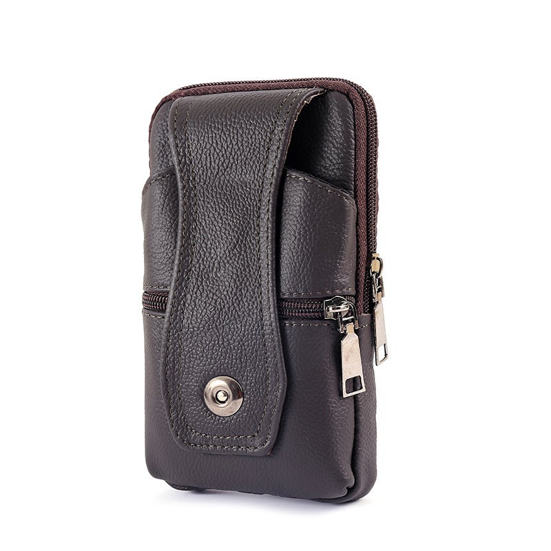 Genuine Leather Belt Phone Pouch Men Two-layer deep Coffee + Hook 
