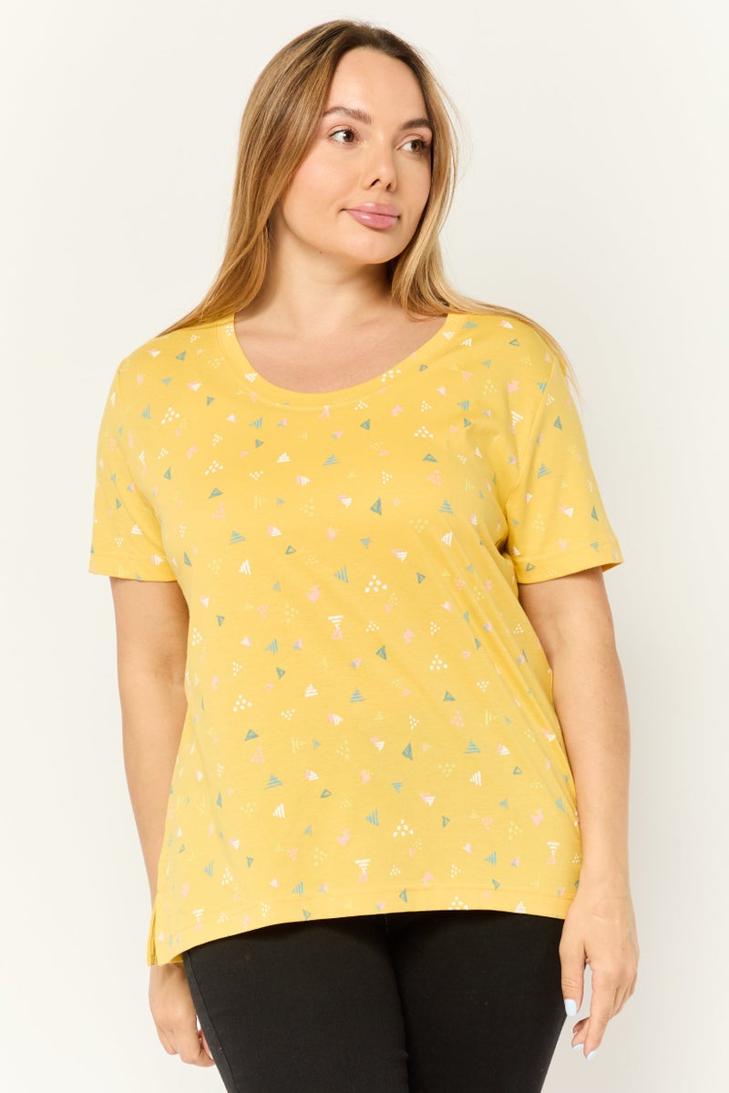 ESPRIT تي شيرت نسائي بأكمام قصيرة وياقة دائرية، مطبوع بالكامل، أصفر - Image 1