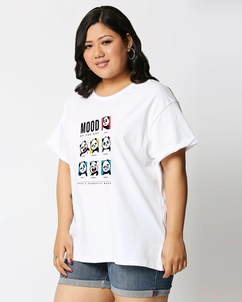 bewakoof Women's White Mood of the Day Panda Graphic Printed Plus Size Boyfriend T-shirt