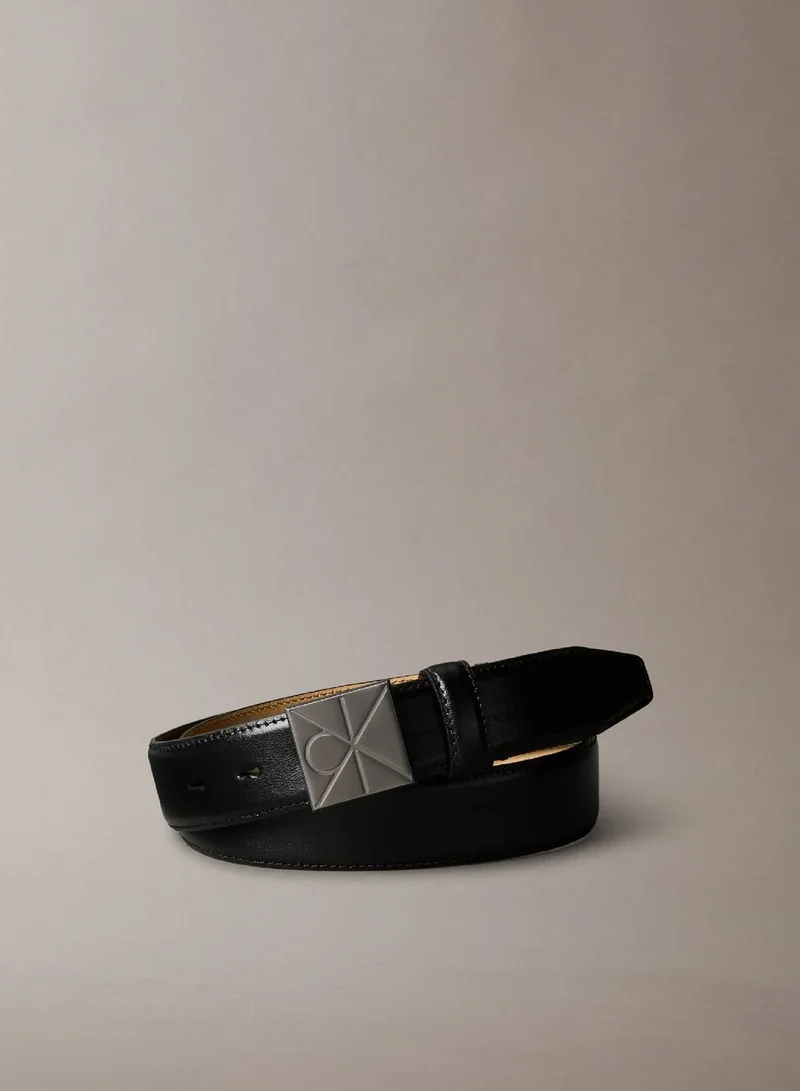 Calvin Klein Full-Grain Leather Logo Plaque Buckle Belt