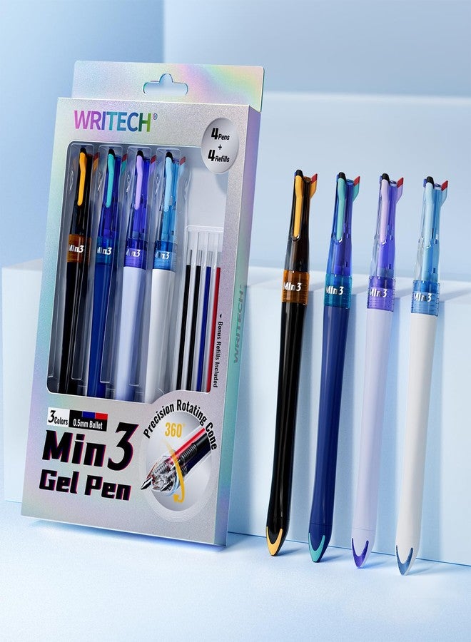WRITECH أقلام حبر جاف قابلة للسحب من WRITECH: قلم متعدد الألوان 3 في 1، برأس رفيع 0.5 مم، أسود، أزرق، أحمر، 4 أقلام مع 4 عبوات إعادة تعبئة، ألوان متنوعة لا تلطخ، 3 أقلام كحد أدنى للكتابة السلسة، مناسبة لتدوين اليوميات والرسم. - Image 1