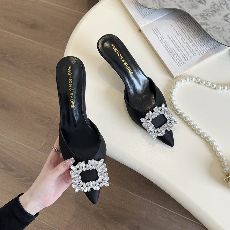 French-Style Rhinestone Mules For Women, Summer 2024, Thin Heel, Slip-On Sandals, High-Heeled Socialite Shoes, Pointed Toe - Image 1