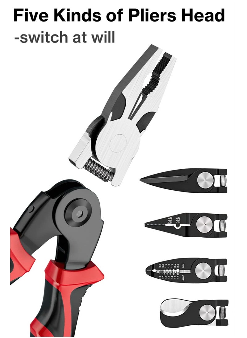5 In 1 Combination Interchangeable Pliers Kit,8" Wire Stripper, Wire Crimper/Wire Crimping Tool, Electrician Pliers/Linesman Pliers, Cable Cutting, Wire Cutter, Tin Cutting Scissors