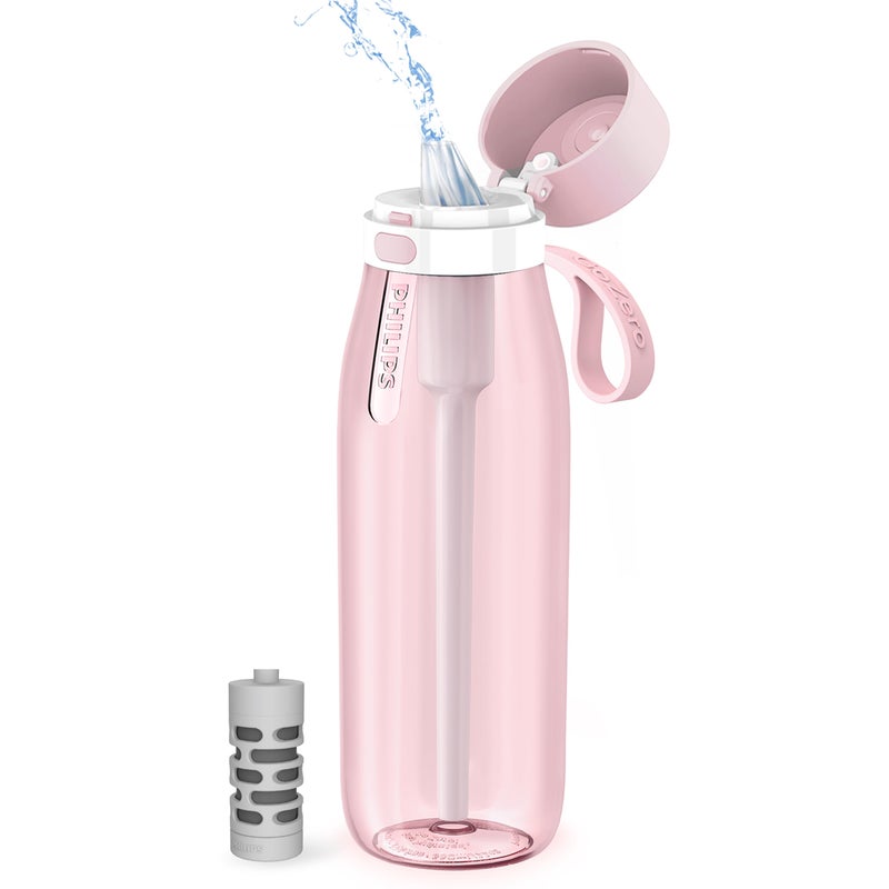 PHILIPS Filtered Water Bottle, BPA-Free Tritan Plastic Water Bottles, Replaces 450 Plastic Water Bottle with Reusable GoZero Everyday Water Filter, Portable Filtering Bottle for Travel, 36oz, Pink - Image 1