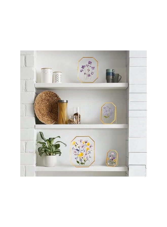 The Bros Glass Pressed Flower Frame Handmade, Metal Floating Picture Frame, Double Glass Frames for Pressed Flowers Tabletop Display Unique Brass Frames, Octagon, Gold, 4x6 inches - Image 2