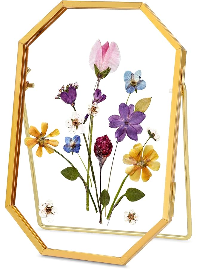The Bros Glass Pressed Flower Frame Handmade, Metal Floating Picture Frame, Double Glass Frames for Pressed Flowers Tabletop Display Unique Brass Frames, Octagon, Gold, 4x6 inches - Image 1