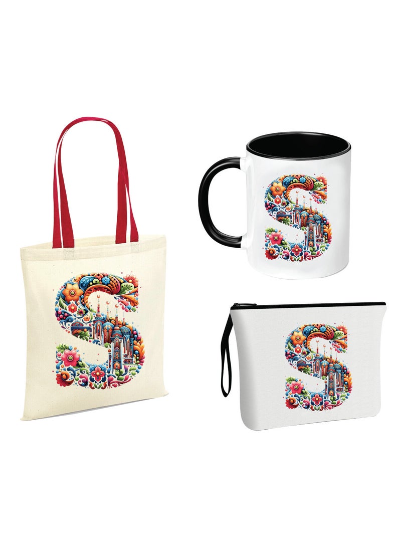 PRINTSHOP4ME Pack of 3 Initial Monogram Gift Set - Black Coffee Mug, Cosmetic Bag and Cotton Tote bag Set - Gift Set for Her - Perfect for Ramadan, School, Travel and Birthday Gift - Image 1