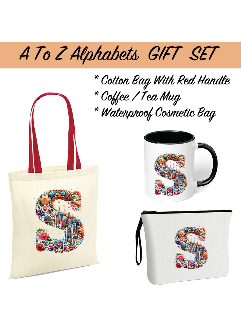 PRINTSHOP4ME Pack of 3 Initial Monogram Gift Set - Black Coffee Mug, Cosmetic Bag and Cotton Tote bag Set - Gift Set for Her - Perfect for Ramadan, School, Travel and Birthday Gift - Image 2