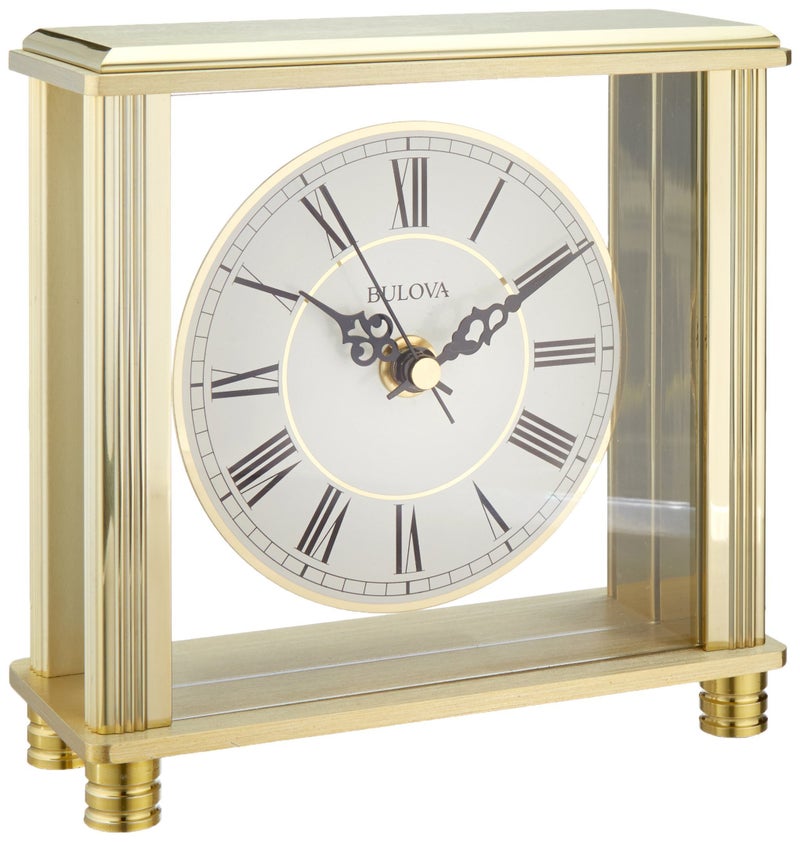 Bulova Bulova B1703 Cheryl Mantle Clock  Elegant Design  BrassTone Metal Case  Quiet Sweep Movement  Floating Dial 