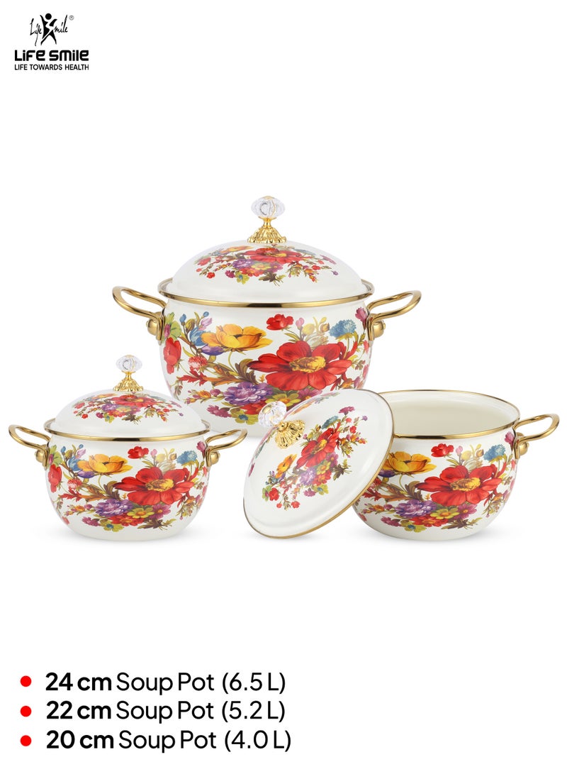 Life Smile طقم أواني طهي مزخرف من 6 قطع - مجموعة أواني الطهي مع الأغطية، خالية تمامًا من PFOA وآمنة، أواني حساء ذات قاعدة تحريضية تشمل 20 سم (4.0 لتر) / 22 سم (5.2 لتر) / 24 سم (6.5 لتر) مع غطاء - Image 2