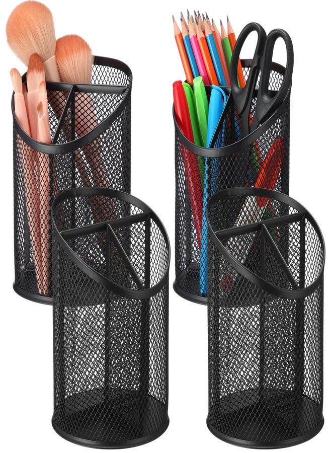 Sherr 4 Pack Mesh Pencil Holder Metal Pen Cup for Desk Round Pen Holder with 3 Compartments Desktop Pencil Organizer for Office Home School Tabletop - Image 1