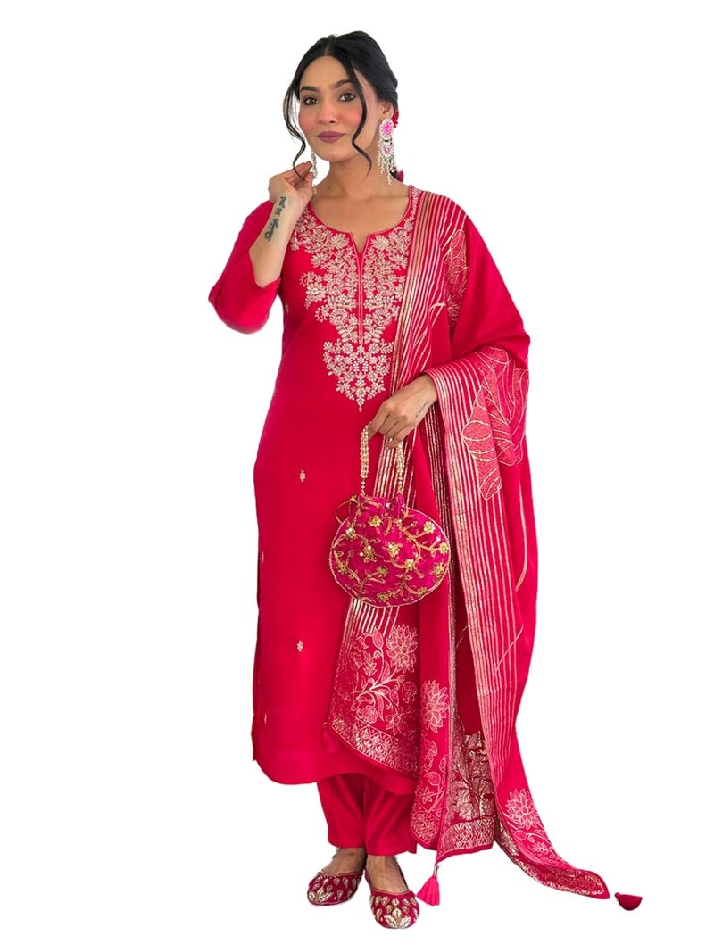 Naixa Women's Roman Silk Embroidered Straight Kurta with Pant and Dupatta Sets (NX-M-Pinkpari-Rani-L) - Image 1