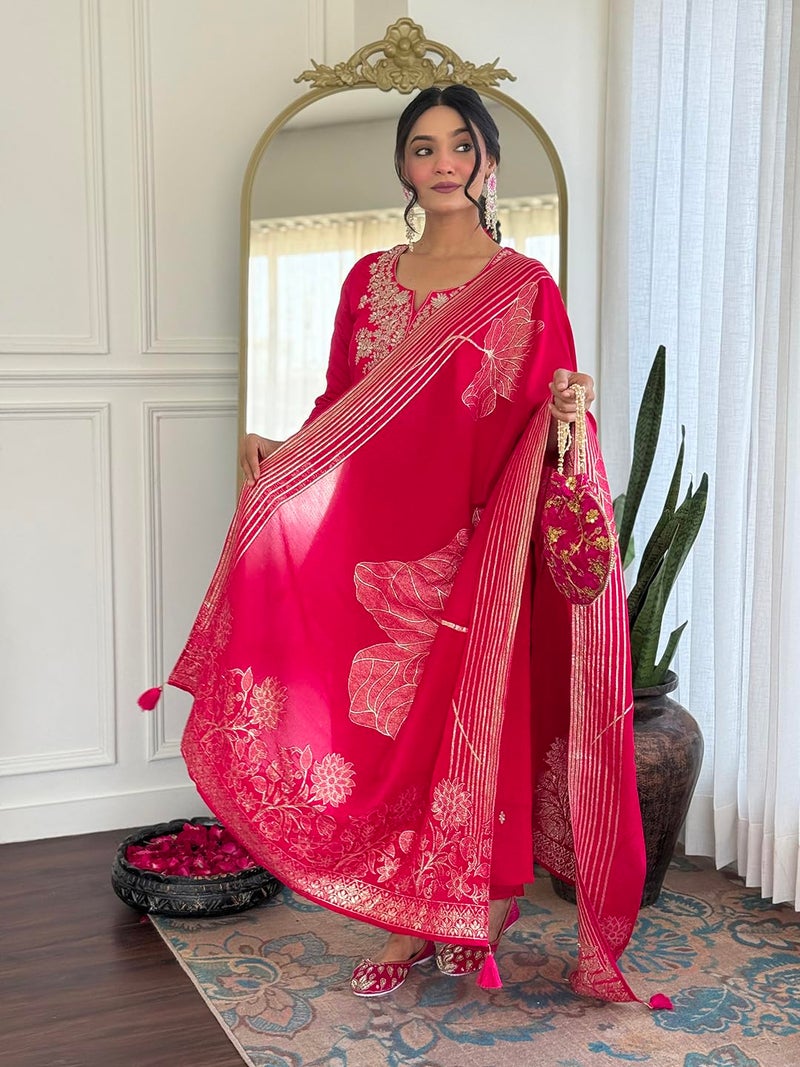 Naixa Women's Roman Silk Embroidered Straight Kurta with Pant and Dupatta Sets (NX-M-Pinkpari-Rani-L) - Image 3