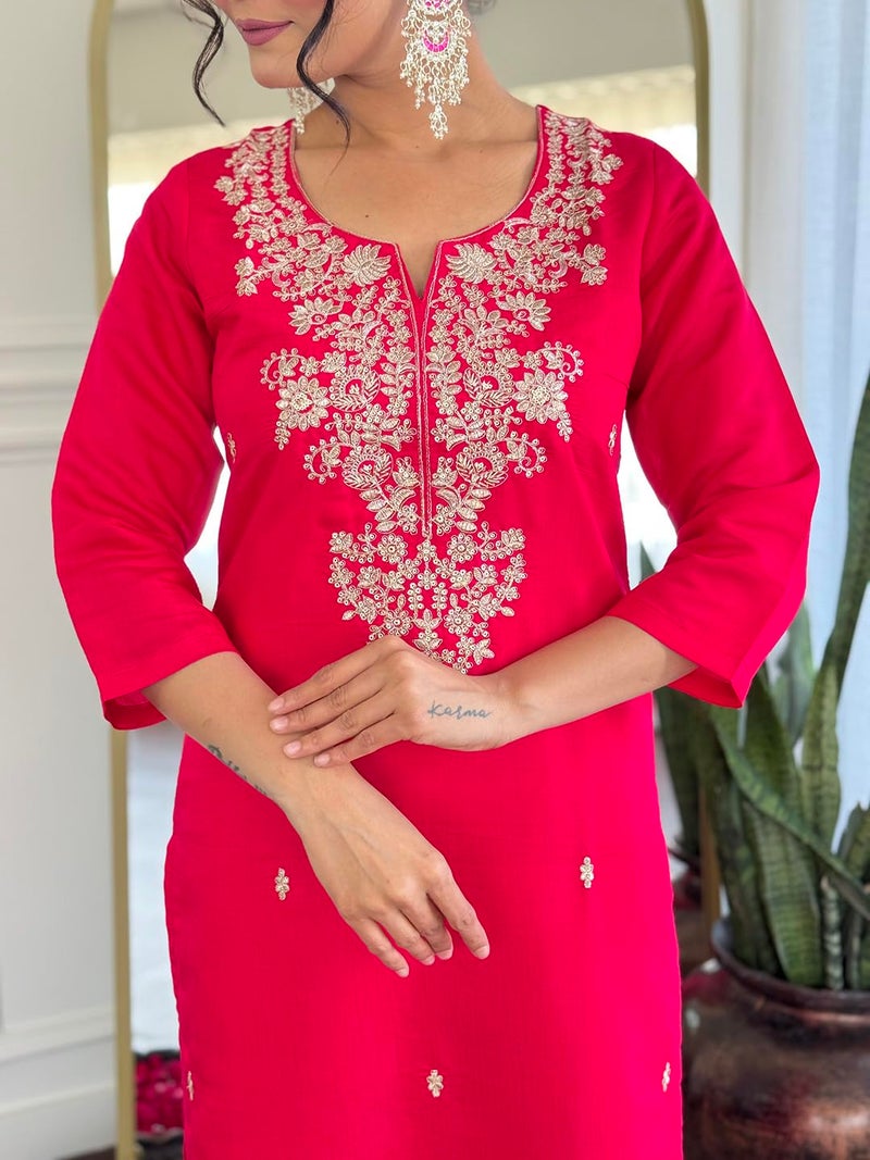 Naixa Women's Roman Silk Embroidered Straight Kurta with Pant and Dupatta Sets (NX-M-Pinkpari-Rani-L) - Image 5