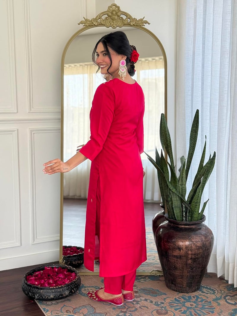 Naixa Women's Roman Silk Embroidered Straight Kurta with Pant and Dupatta Sets (NX-M-Pinkpari-Rani-L) - Image 4