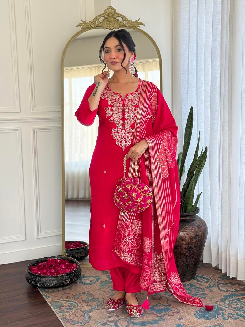 Naixa Women's Roman Silk Embroidered Straight Kurta with Pant and Dupatta Sets (NX-M-Pinkpari-Rani-L) - Image 2