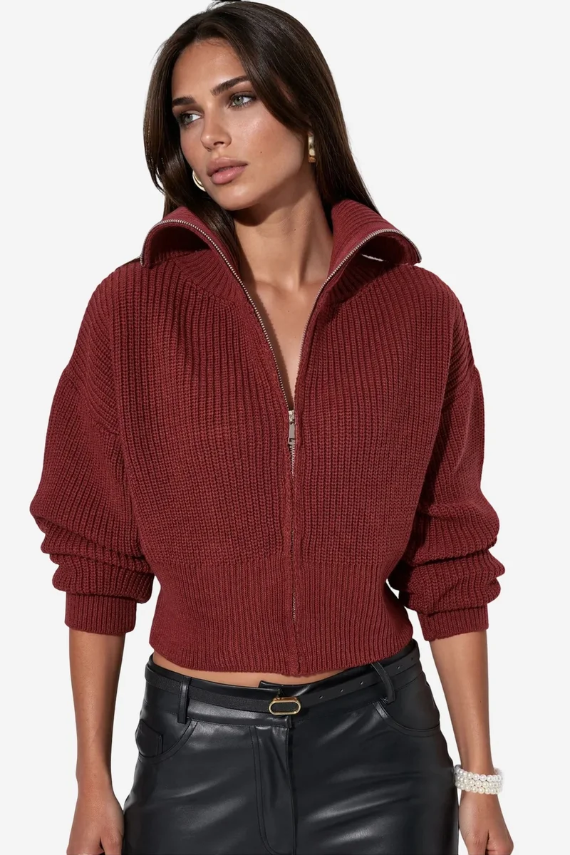 فيورنا VIORNA Women’s Cropped Ribbed Zip Cardigan