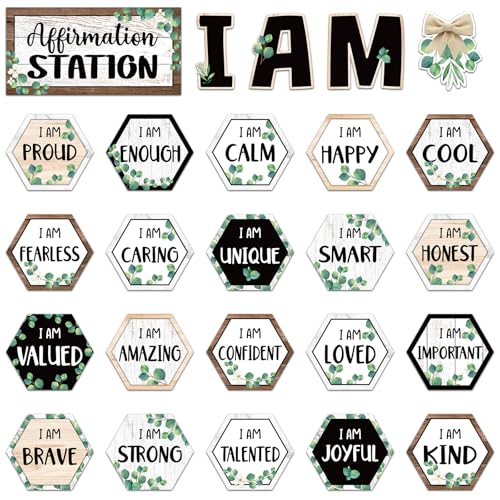 Frienda Eucalyptus Affirmation Station Bulletin Board Set Motivational Posters Classroom Mirror Growth Mindset Decor Positive Affirmations Accents Cutouts for School Office Home Teacher Wall Supply - Image 1