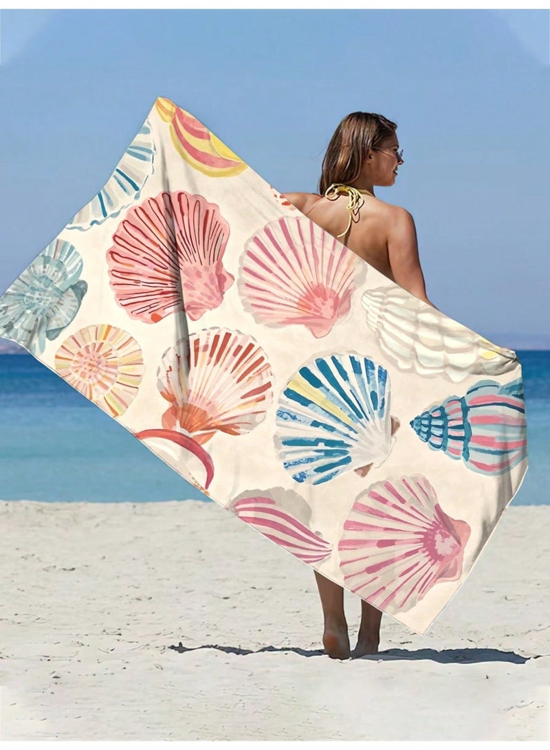 Women’s Summer Large Quick-Dry Beach Towel With Colorful Seashell Print And Storage Bag For Pool, Camping And Travel, 1 Piece, 90 × 180 cm - Image 1