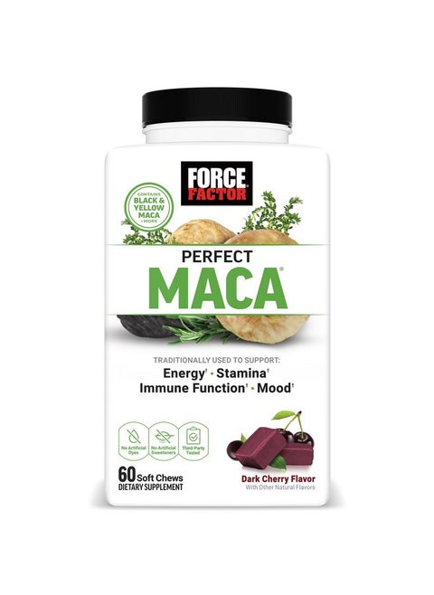 FORCE FACTOR Perfect Maca, Maca Root and DIM Supplement with Saffron to Boost Energy and Mood, with Yellow and Black Maca, Vitamins, Minerals, and Antioxidants, Dark Cherry Flavor, 60 Soft Chews