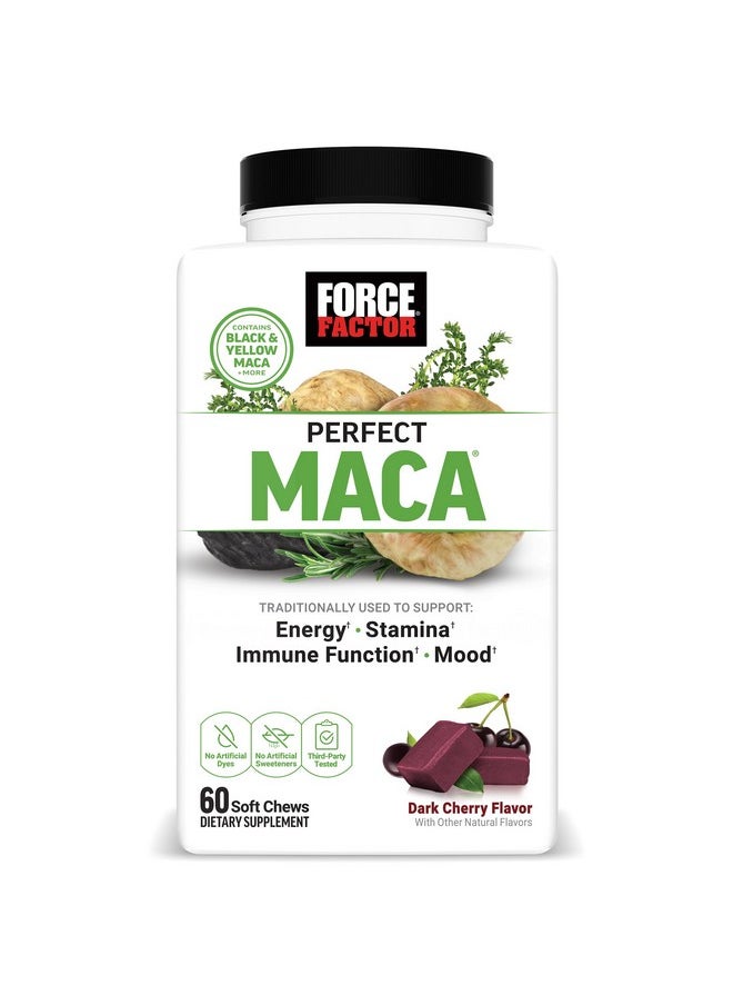 Force Factor FORCE FACTOR Perfect Maca, Maca Root and DIM Supplement with Saffron to Boost Energy and Mood, with Yellow and Black Maca, Vitamins, Minerals, and Antioxidants, Dark Cherry Flavor, 60 Soft Chews  - Image 1