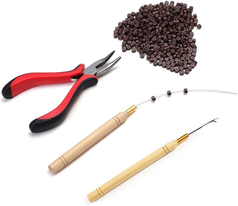 Funyn 1 Set Hair Extension Tool Kit Plier Hook Pulling Needle 200Pc or so Micro Silicone Link Rings Beads for Professional Hair Styling Tools Accessory Brown
