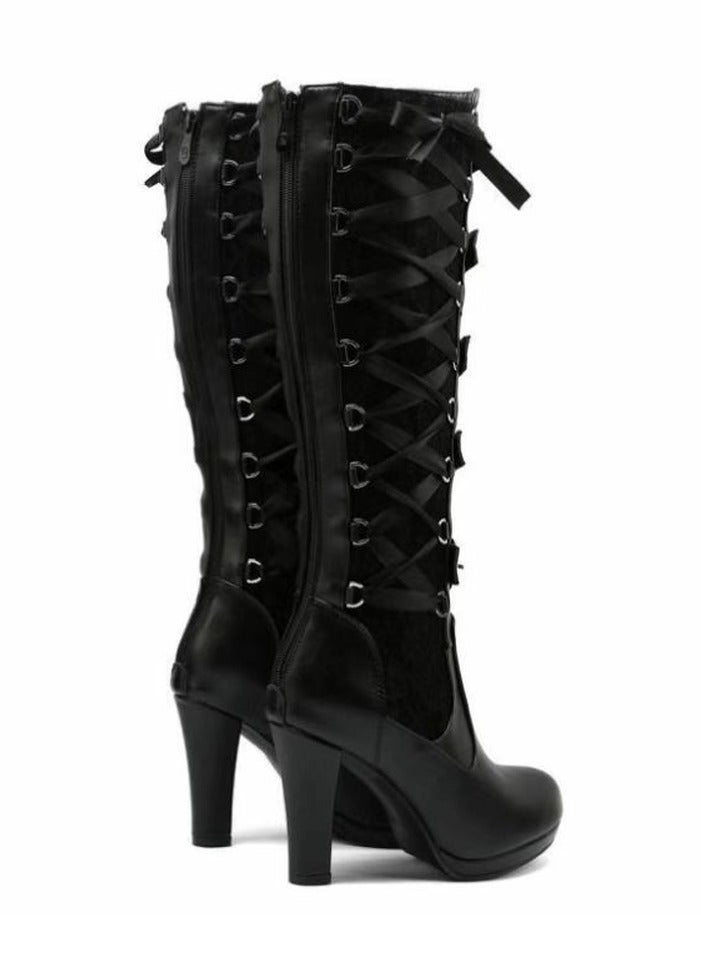 Loquat Women Lace Goth Knee High Boots Buckle Block Heel Lace Up Knee Boots Punk Platform Back Zipper Riding Bootie Black  - Image 3