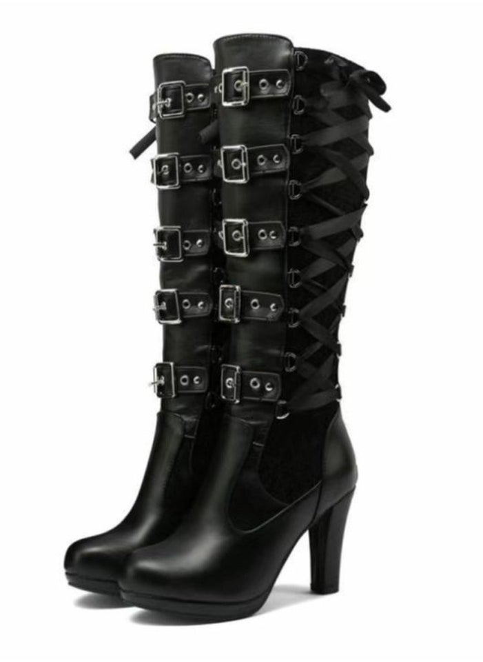 Loquat Women Lace Goth Knee High Boots Buckle Block Heel Lace Up Knee Boots Punk Platform Back Zipper Riding Bootie Black  - Image 2