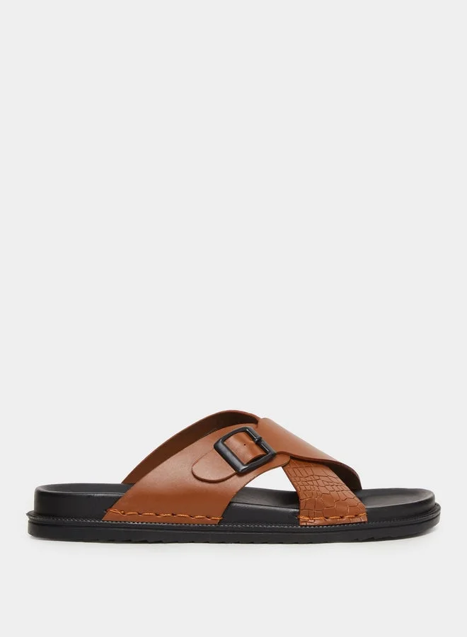 Styli Brown Cross Strap Buckle Sandals
